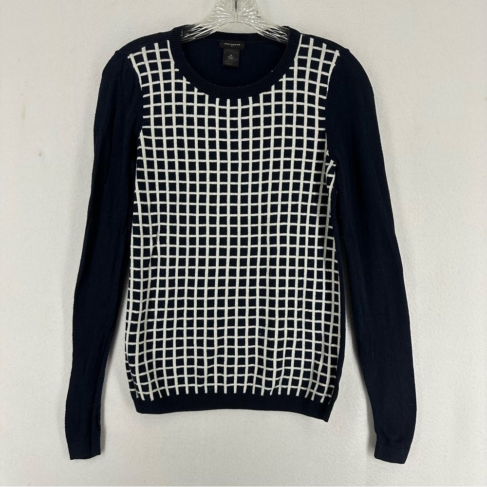 Ann Taylor Square Windowpane Long Sleeve Pullover XS Navy Blue